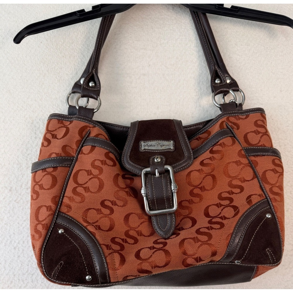 Sophia Caperelli Orange Monogram Jacquard Shoulder Bag Brown Leather Trim Hobo